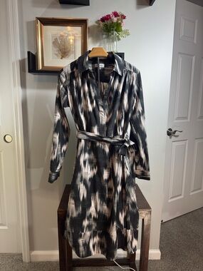Calvin Klein Black, Cream & Taupe Printed Long-Sleeve Shirt Dress with Tie Waist